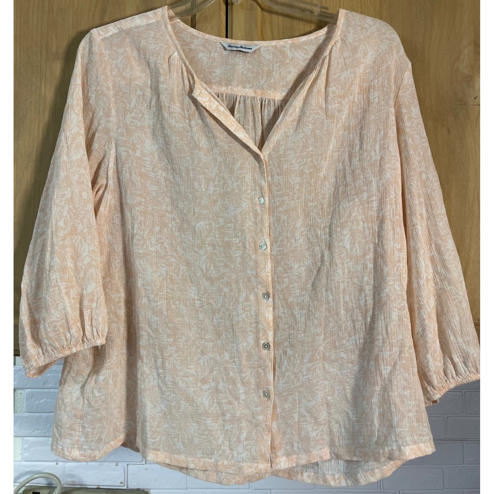 Tommy‎ Bahama Button Front Top Womens L Peach Tropical Cotton Blouse